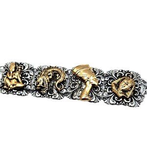 Vintage Mixed Motif Charm Panel Bracelet Buddha Dragon Nefertiti Egypt